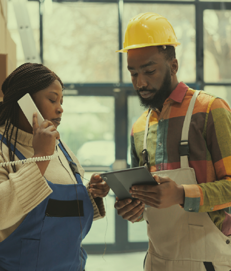 Warehouse manager using the phone to call the logistics office and ask about inventory.